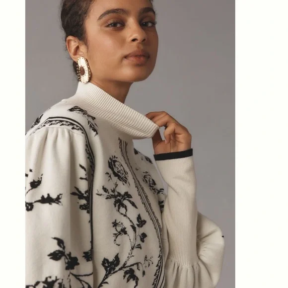 NWT Anthropologie Balloon-Sleeve Embroidered 3D Flowers Turtleneck Sweater - Picture 7 of 17